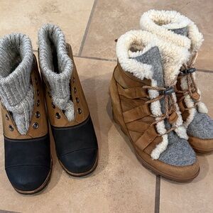 TWO WEDGES Sorel Tan and Black Wedge Boots with Gray Knit